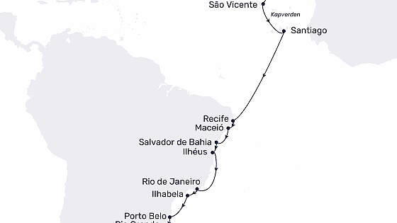 Routenkarte MS hamburg: Kurs auf Südamerika