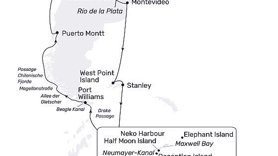 Routenkarte MS Hamburg: Falkland, Antarktis und Fjorde
