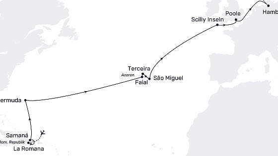 Routenkarte MS Hamburg: Karibik, Bermudas & Azoren