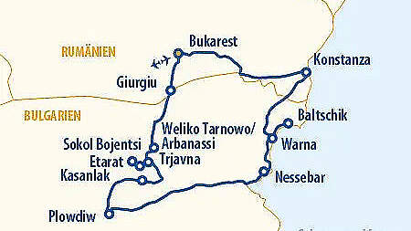 Routenkarte Rundreise Höhepunkte Bulgariens