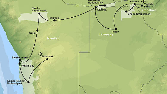 Routenkarte Namibia, Botswana & Simbabwe
