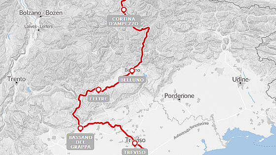 Routenkarte Radreise: Dolomiten bis Venedig