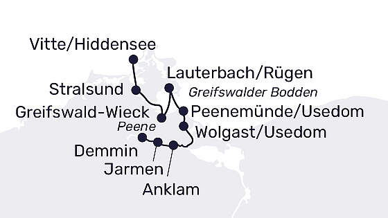 Routenkarte MS Sans Souci: Peenetal & Boddenküste