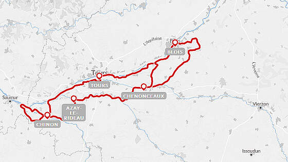 Routenkarte Radreise: Schlösser der Loire