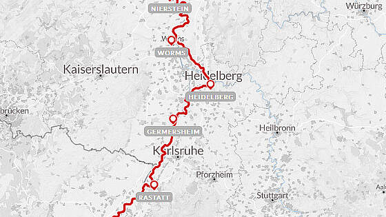 Routenkarte Radreise Am Rheinradweg