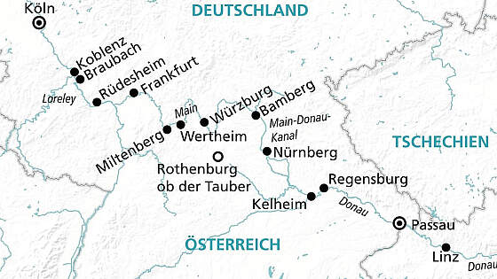 Routenkarte MS Antonia: Vom Rhein zur Donau