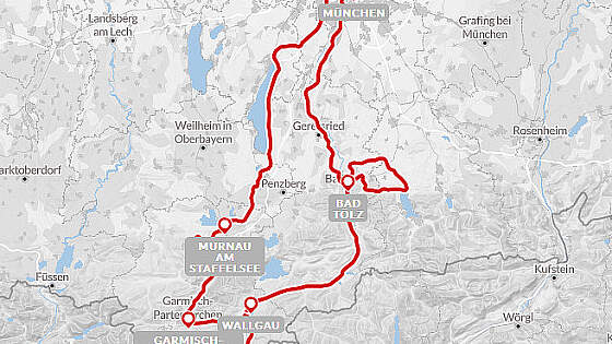 Routenkarte Radreise Münchner Seenrunde
