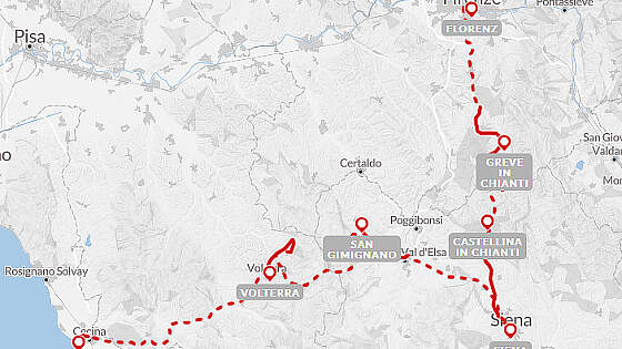 Routenkarte Wanderreise: Toskana erwandern
