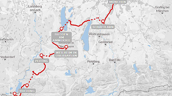 Routenkarte Wanderreise: Bayerischer Jakobsweg München - Allgäu