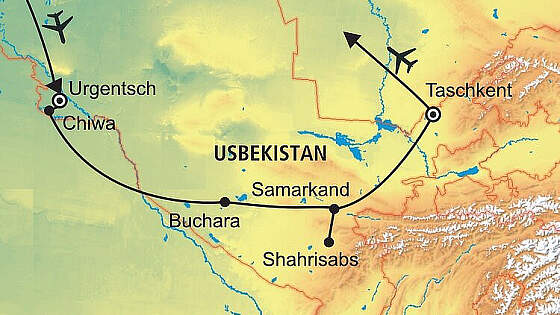 Routenkarte Usbekistan Rundreise: Erlebnis Seidenstraße