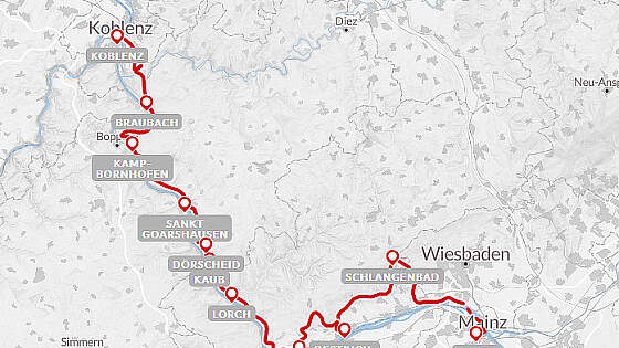 Routenkarte Wanderreise Rheinsteig: Mainz - Koblenz