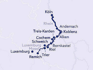 Routenkarte MS nickoSpirit: Auf Rhein, Mosel und Saar