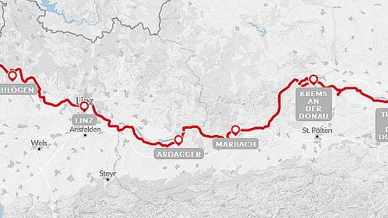 Routenkarte Radreise: Donau-Radweg für Genießer