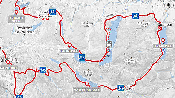 Routenkarte Radreise Salzkammergut: Seen-Radtour