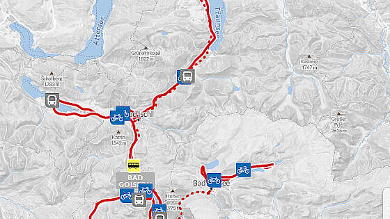 Routenkarte Radreise Österreich: Sternfahrt Salzkammergut
