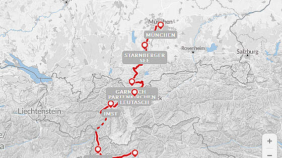 Routenkarte Radreise: München - Meran