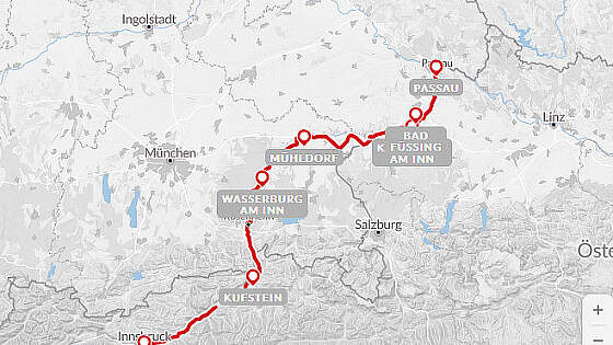 Routenkarte Radreise: Innsbruck - Passau