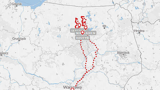 Routenkarte Radreise in Polen: Radtour durch Masuren