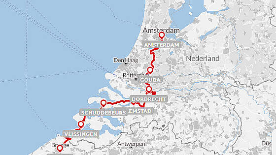 Routenkarte Radreise: Von Brügge nach Amsterdam