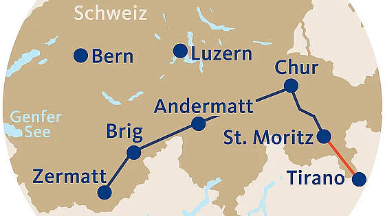 Routenkarte Schweiz: Glacier Express First Class