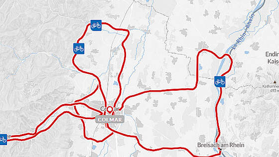 Routenkarte Radreise Elsass: Colmar Sternfahrt