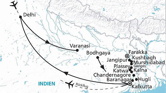 Routenkarte MS Rajmahal: Indien exklusiv