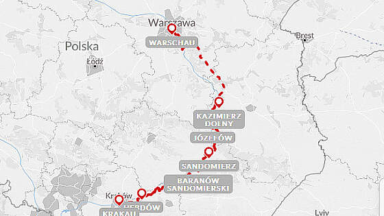 Routenkarte Radreise Polen - Weichsel: Krakau - Warschau