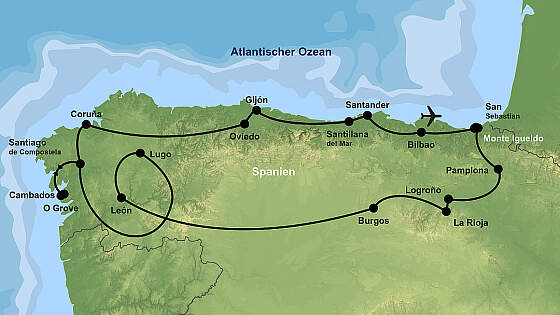 Routenkarte Rundreise Nordspanien