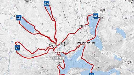 Routenkarte Radreise Schweiz: Stern-Radtour Vierwaldstättersee