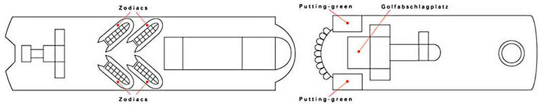 MS Deutschland: Deck 10 / Zodiacs (Achterschiff) / Golf-Deck (Vorschiff)