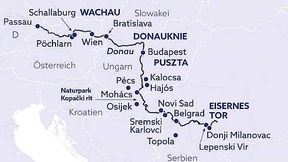 Routenkarte MS Maxima - Donau: Metropolen & Natur