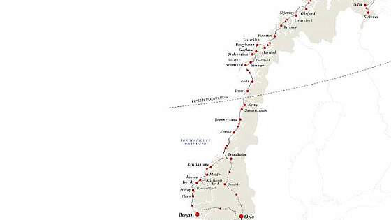 Routenkarte Hurtigruten: Norwegen Panorama-Reise