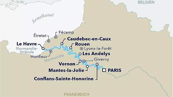Routenkarte Paris & Seine mit MS Amadeus Diamond