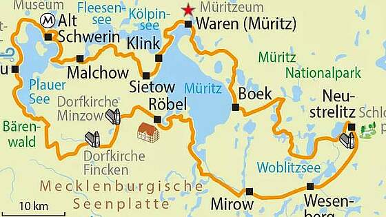 Routenkarte Radreise Rund um die Müritz