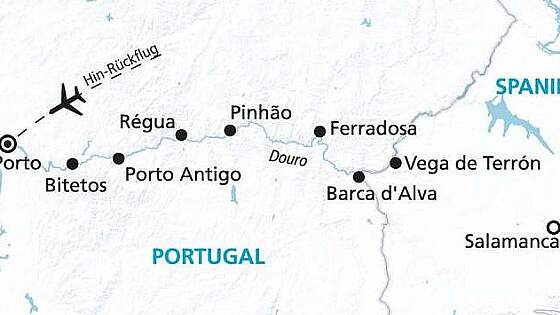 Routenkarte Douro mit MS Magellan: Portugals Vielfalt