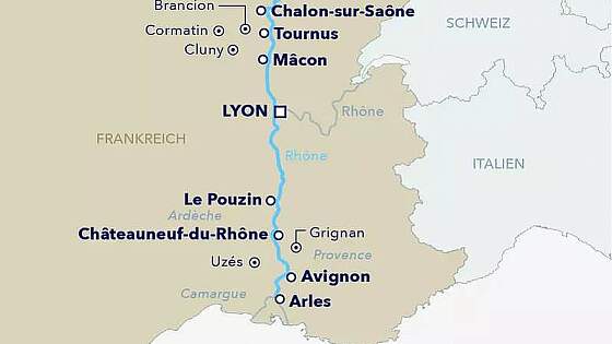 Routenkarte MS Amadeus Provence: Rhone & Saone