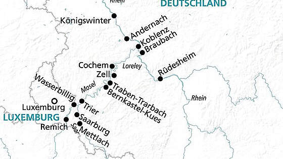 Routenkarte MS Rhein Prinzessin: Rhein, Mosel & Saar