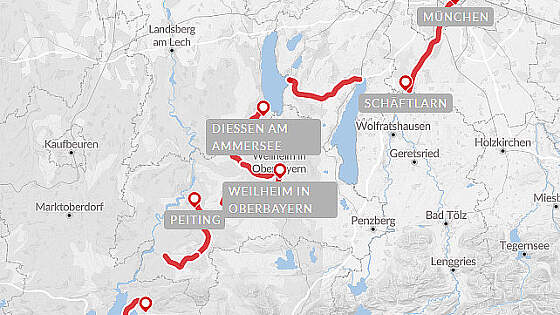 Routenkarte Wanderreise Jakobsweg: München - Allgäu
