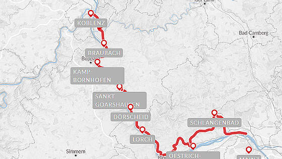 Routenkarte Wanderreise Rheinsteig: Mainz - Koblenz