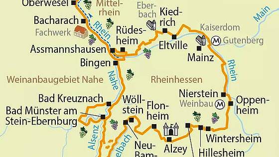 Routenkarte Radreise Rhein: Winzertour
