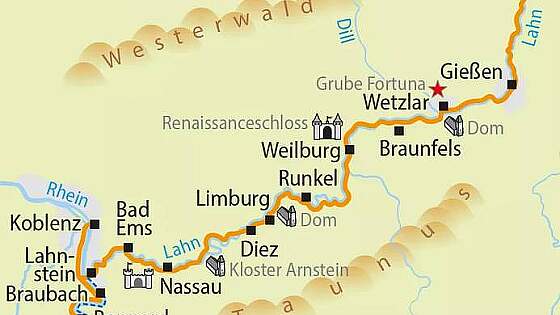 Routenkarte Radreise: Lahn-Radweg