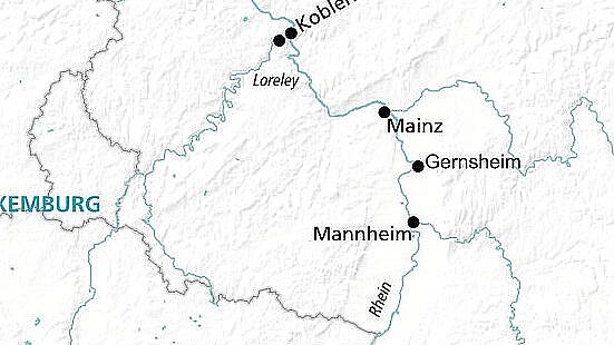 Routenkarte Adventskreuzfahrt Rhein: Weihnachtsmärkte mit MS Alena