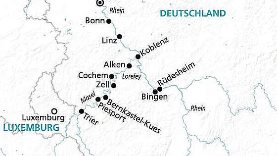 Routenkarte MS Swiss Crystal: Rheinromantik und Moselzauber