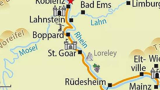 Routenkarte Radreise Rhein Radweg - Rhein: die Kurze