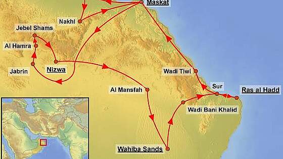 Routenkarte Oman Rundreise - Sindbads Erben
