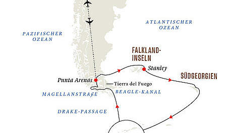 Routenkarte MS Fram: Antarktis, Falkland & Südgeorgien