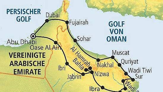 Routenkarte Emirate & Oman Rundreise
