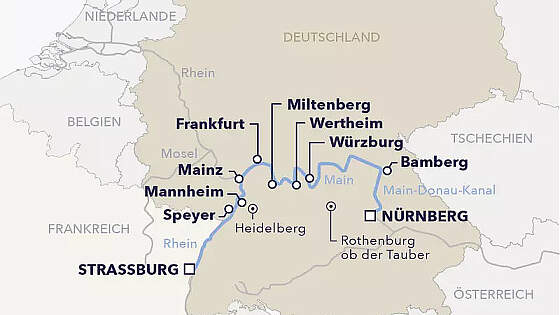 Routenkarte MS Amadeus Nova: Adventzauber Rhein und Main