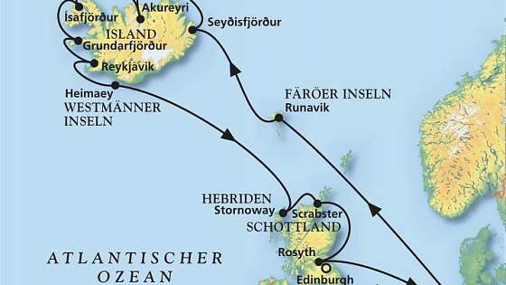 Routenkarte MS Amadea: Rund um Island mit Schottland