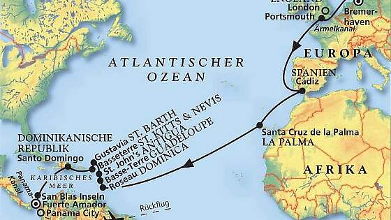 Routenkarte MS Amadea: Von Bremerhaven bis Panama